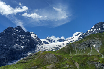 Mountain landscape along the road to Stelvio pass at summer. Glacier