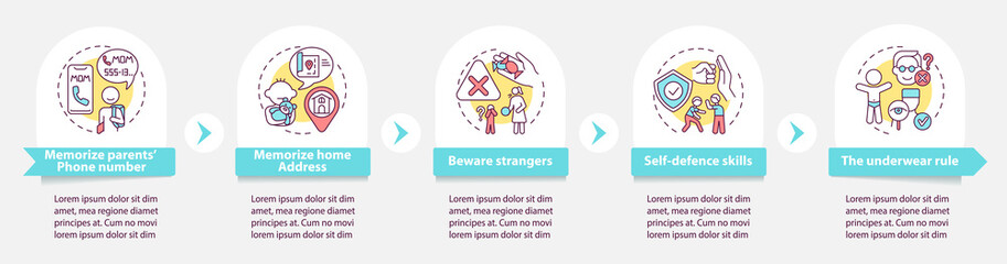 Child safety vector infographic template. Beware strangers. Parental care presentation design elements. Data visualization with 5 steps. Process timeline chart. Workflow layout with linear icons