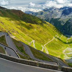 Mountain landscape along the road to Stelvio pass at summer