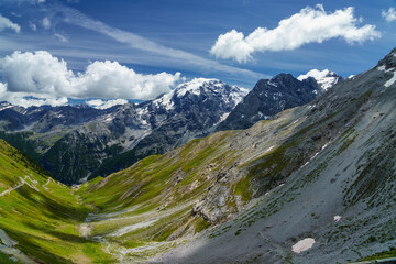 Mountain landscape along the road to Stelvio pass at summer