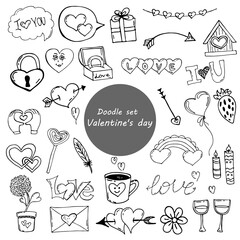 Hand-drawn set elements for valentine's day. Doodles for web, postcard design, congratulations.