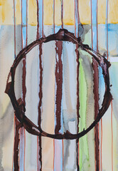 An abstract composition of watercolor columns, painted wet-in-wet, and a rough circle drawn with a cola pen. - 405569677