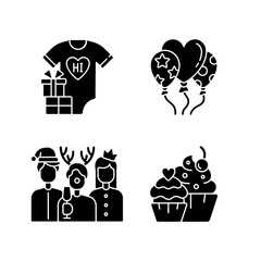 Family birthday celebration black glyph icons set on white space. Baby shower. Balloons for decoration. Christmas party with coworkers and friends. Silhouette symbols. Vector isolated illustration