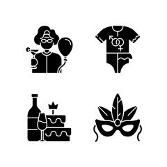 Family party greeting black glyph icons set on white space. Retirement celebration. Happy retiree. Bridal cake. Bachelorette party. Festival costume. Silhouette symbols. Vector isolated illustration