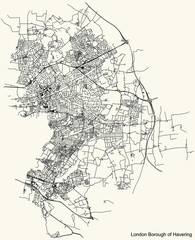 Black simple detailed street roads map on vintage beige background of the neighbourhood London Borough of Havering, England, United Kingdom
