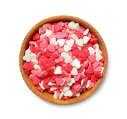 Sweet candy hearts in bowl on white background, top view