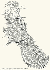 Black simple detailed street roads map on vintage beige background of the neighbourhood London Borough of Hammersmith and Fulham, England, United Kingdom