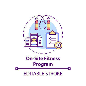 On-site Fitness Program Concept Icon. Workplace Wellness Idea Thin Line Illustration. Regular Workout. Improving Health-related Outcomes. Vector Isolated Outline RGB Color Drawing. Editable Stroke