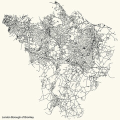Black simple detailed street roads map on vintage beige background of the neighbourhood London Borough of Bromley, England, United Kingdom