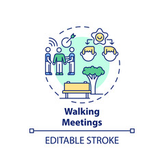 Walking meetings concept icon. Workplace wellness idea thin line illustration. Walking with colleagues. Physical activity integration. Vector isolated outline RGB color drawing. Editable stroke