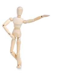 Wooden man mannequin showing pointing on white background isolation