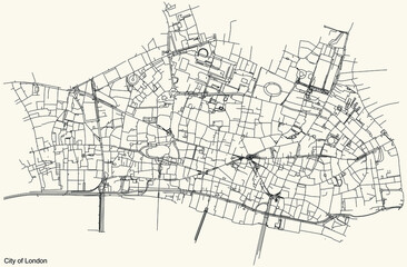 Fototapeta na wymiar Black simple detailed street roads map on vintage beige background of the neighbourhood City of London, England, United Kingdom