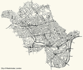 Black simple detailed street roads map on vintage beige background of the neighbourhood London Borough City of Westminster, England, United Kingdom