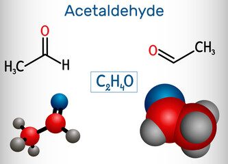 Acetaldehyde, ethanal, CH3CHO molecule. It is ketone, is used in the manufacture of acetic acid, perfumes, dyes, drugs, as a flavoring agent. Structural chemical formula and molecule model