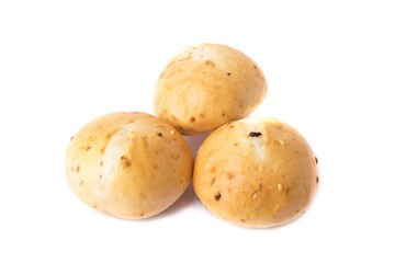 Round wheat buns with linseeds and sesame seeds isolated on white