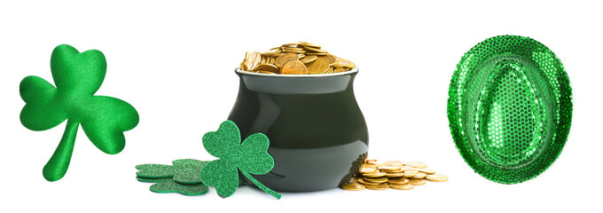 Set with traditional items for St. Patrick's Day celebration on white background. Banner design