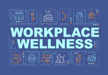 Workplace wellness word concepts banner. Support healthy life of your company employees. Infographics with linear icons on navy background. Isolated typography. Vector outline RGB color illustration