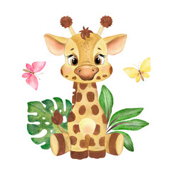 Watercolor illustration of little giraffe, safari animal, african animal © Vladimir Savin