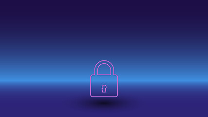 Neon padlock symbol on a gradient blue background. The isolated symbol is located in the bottom center. Gradient blue with light blue skyline