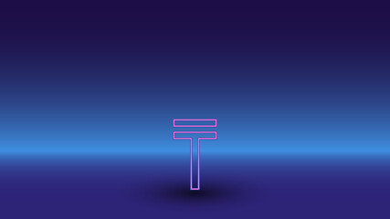 Neon tenge symbol on a gradient blue background. The isolated symbol is located in the bottom center. Gradient blue with light blue skyline