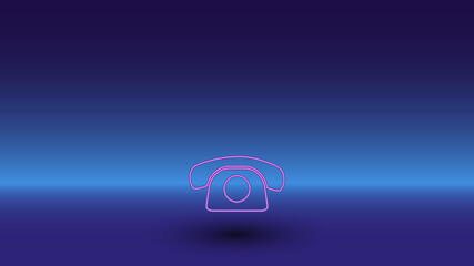 Neon vintage telephone symbol on a gradient blue background. The isolated symbol is located in the bottom center. Gradient blue with light blue skyline