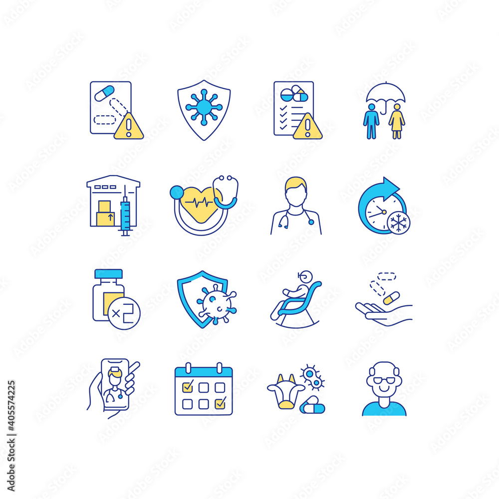 Poster health program rgb color icons set. protection from dangerous viruses. expanded immunization of your