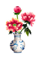 Red peonies in a gray-blue vase painted in watercolor on a white background, isolated objects, Chinese tree peony pink