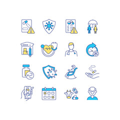 Health program RGB color icons set. Protection from dangerous viruses. Expanded immunization of your body. Ultra cold storage temperature for special medicaments. Isolated vector illustrations