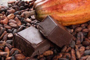 Detail of cocoa fruit with pieces of chocolate on raw cocoa beans
