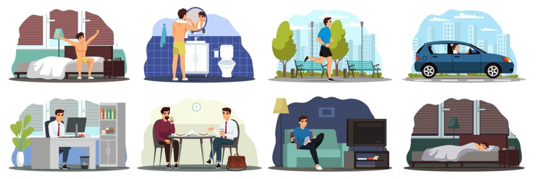 Daily routine of young man. Guy waking up, brushing teeth, exercising in park, driving to work in car, working in office, lunch with coworker, leisure, sleeping. Schedule vector illustration