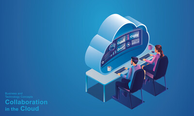 Business people working and meeting optimization and business process workflow development communication with the network Online devices data in a database on cloud services Isometric concept vector