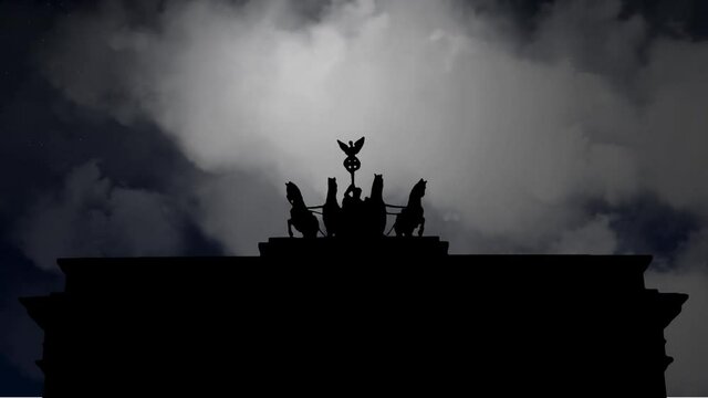 Berlin: Brandenburg Gate or Brandenburger Tor, Time Lapse By Night with Crescent Moon and Clouds, Germany
