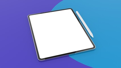 Clay tablet similar to Apple iPad Pro 12.9 and pen perspective view mockup on Medium Slate Blue background. 