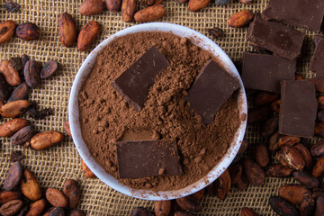Powdered cocoa with pieces of chocolate on raw cocoa beans