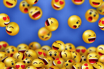 Background with smiling face happy icons. Yellow 3d emoji. Face icons with different expressions. Cartoon characters smiling and sad faces