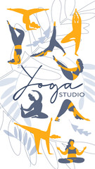 Web page template of Yoga School, Studio. Vector silhouettes of young slender women doing yoga. Yoga Logo Template Design