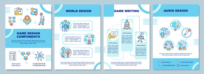 Naklejka premium Game design components brochure template. World building, game writing. Flyer, booklet, leaflet print, cover design with linear icons. Vector layouts for magazines, annual reports, advertising posters