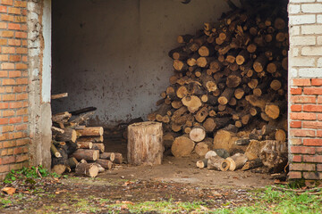 Hangar with logs and decks of wood. Harvesting firewood for the winter.