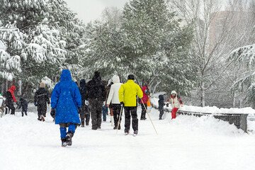 A man skiing and people walking in a snow covered park city, healthy lifestyle and winter sport,