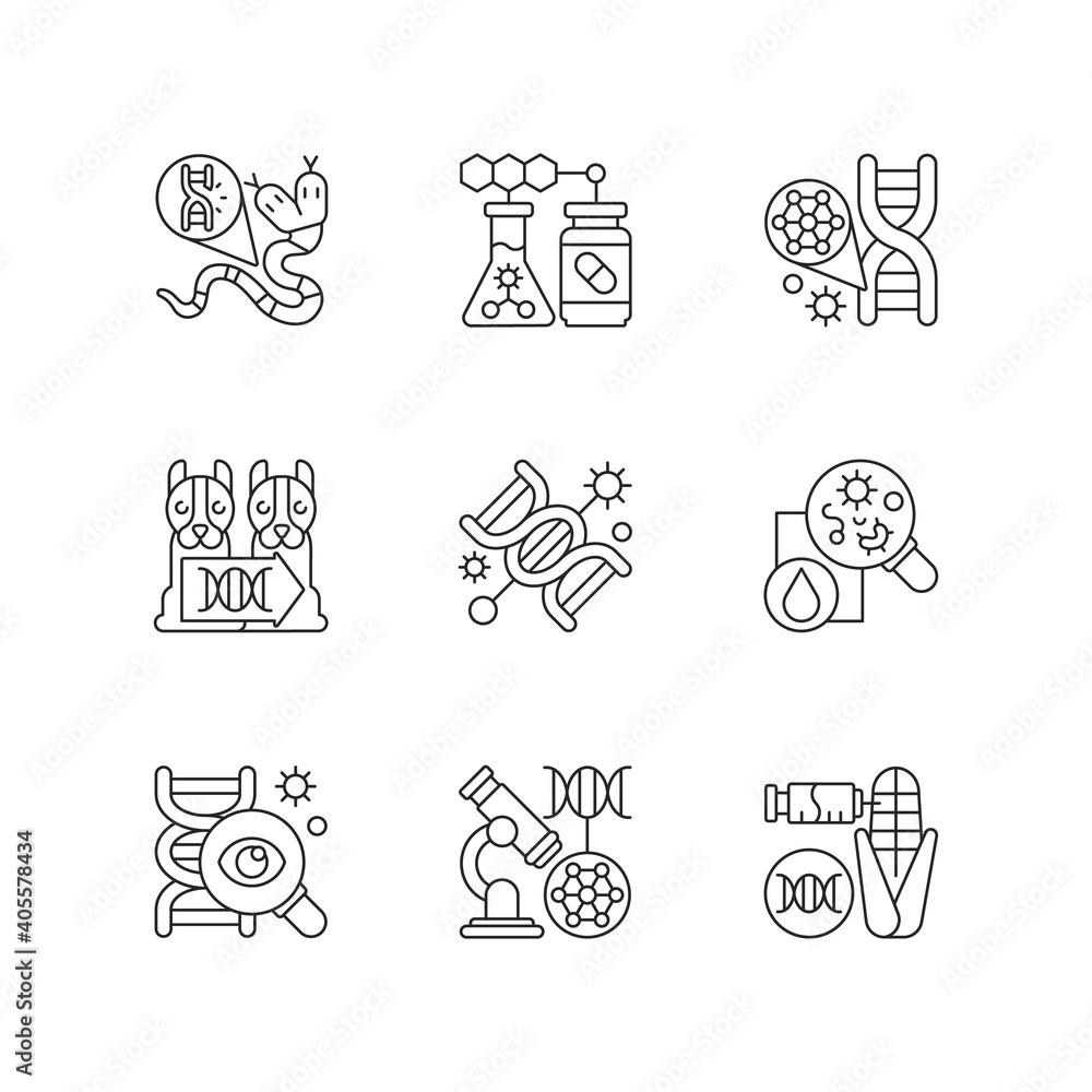 Poster dna structure experiment linear icons set. genetic mutation. genetically modiheredityfied organism. 