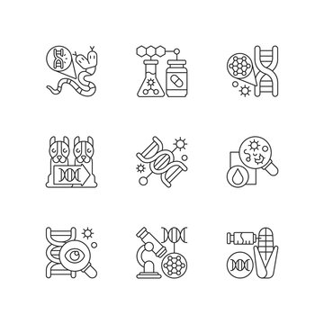 DNA structure experiment linear icons set. Genetic mutation. Genetically modiheredityfied organism. Customizable thin line contour symbols. Isolated vector outline illustrations. Editable stroke