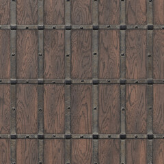 Doors reinforced with iron, close-up, Background of old wood riveted with heavy metal. 3D-rendering