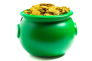 Green Pot Full of Golden Coins on a White Background