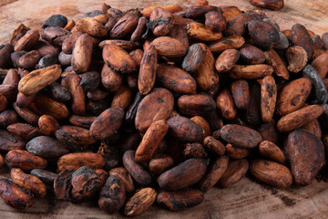 Aromatic raw cocoa beans stacked