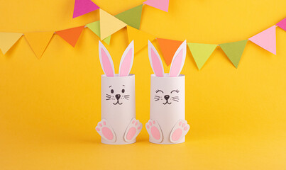 Cute Easter bunnies made of paper, handmade. Happy Easter