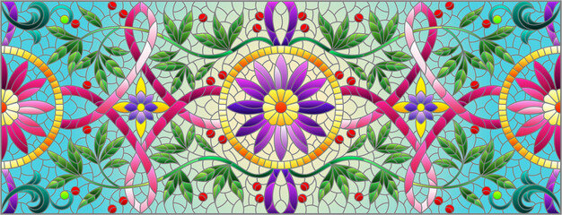 Illustration in stained glass style with abstract flowers, leaves and curls on a blue background, rectangular horizontal image