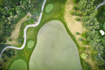 Aerial photography of pond with lawns, footpath and trees on golf course