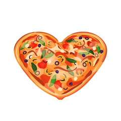 Isolated Pizza with olives, tomatoes, mozzarella, mushrooms and cheese. Dish has heart form for Valentines Day on a white background