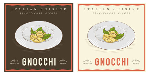 Gnocchi pasta on plate vintage illustration - obrazy, fototapety, plakaty