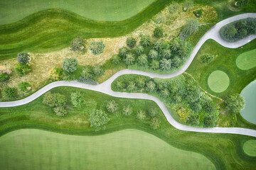 High angle aerial view of a green field with footpath and trees